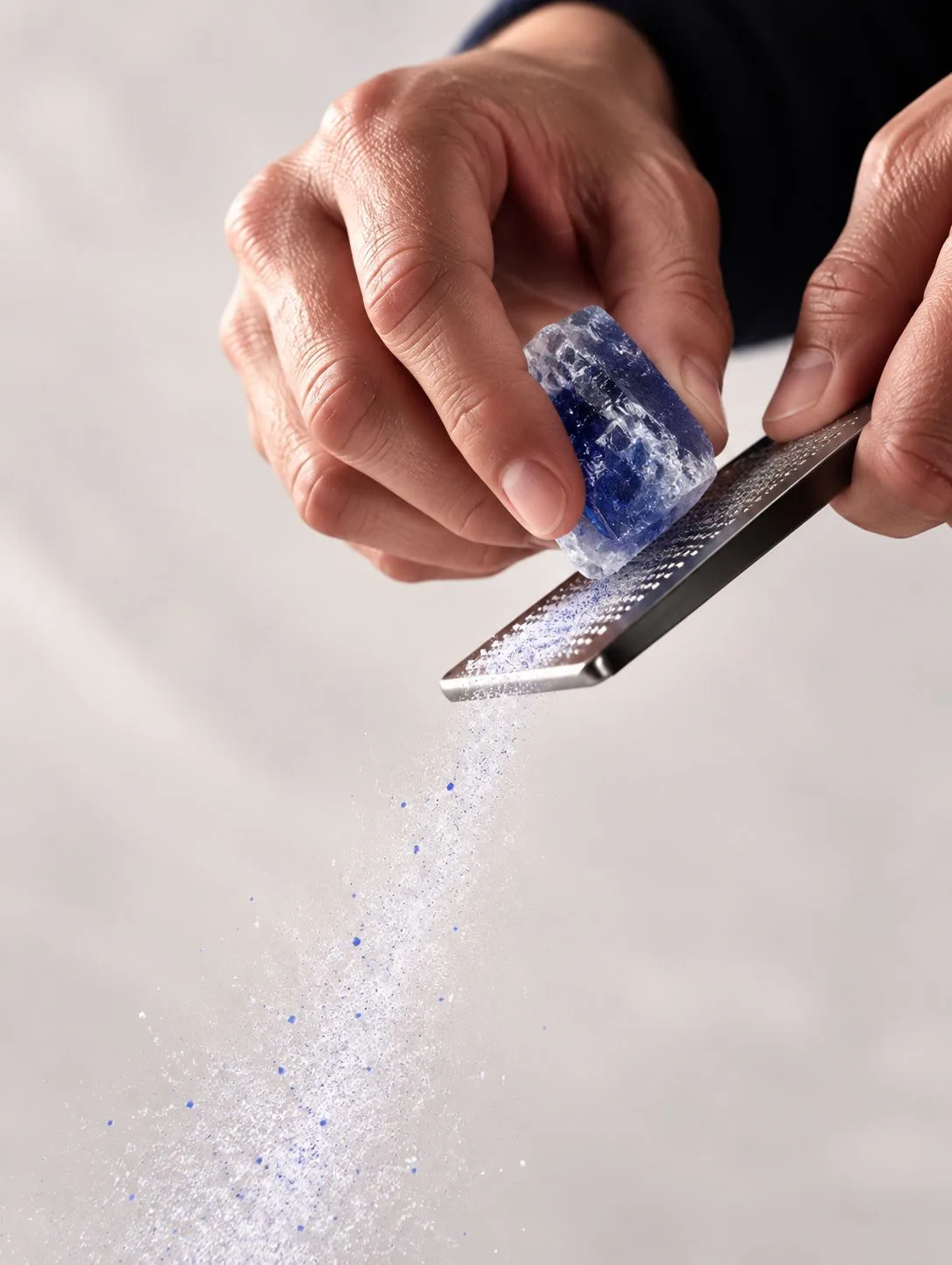 Grating an indigo crystal at the table