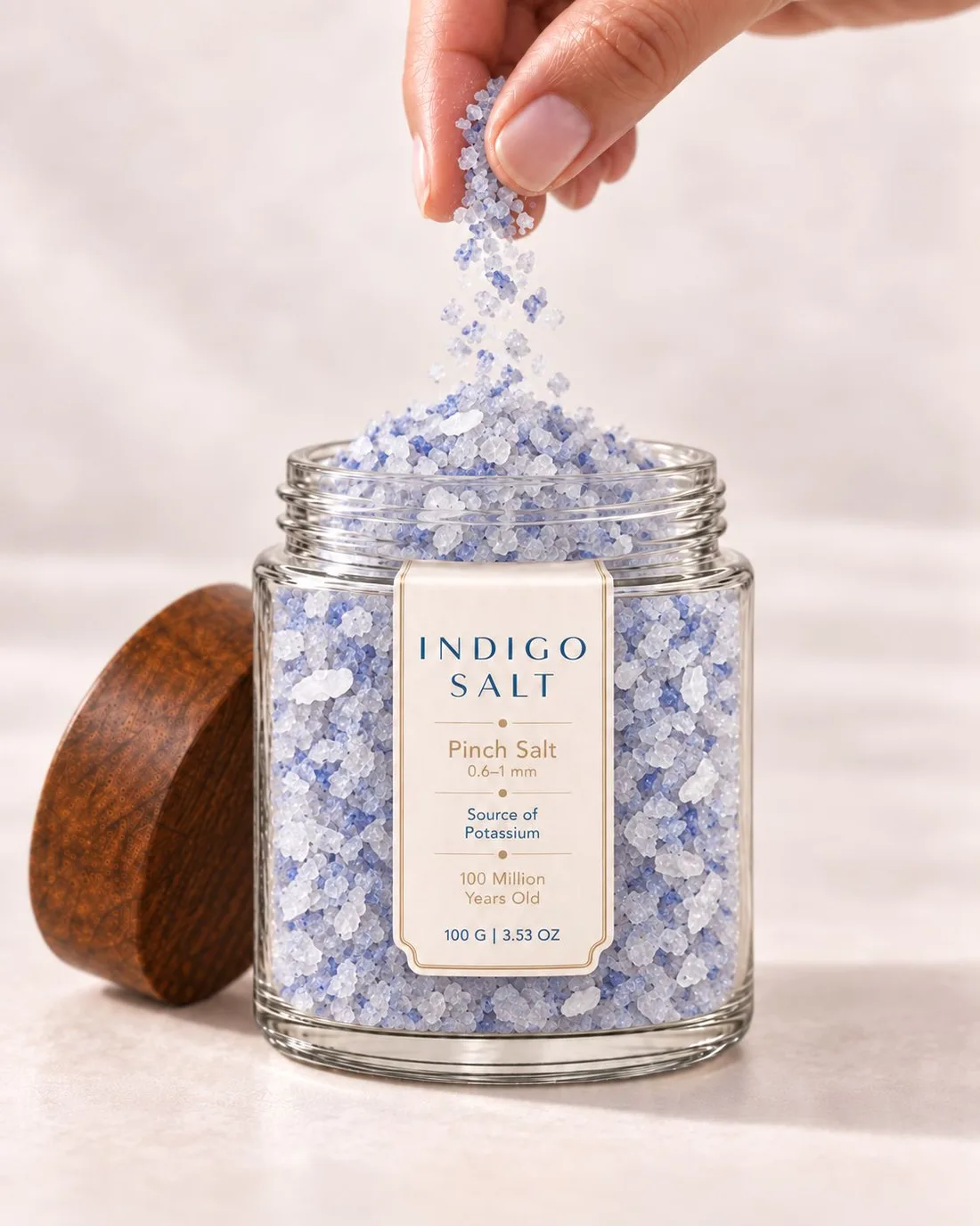 Indigo Salt pinch salt jar being filled