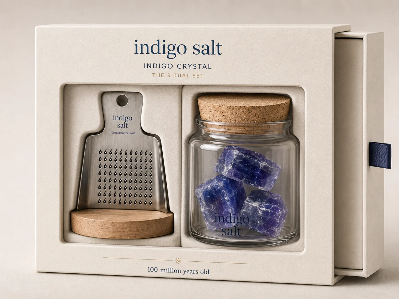 Indigo Salt Ritual Set gift box with grater and crystal jar