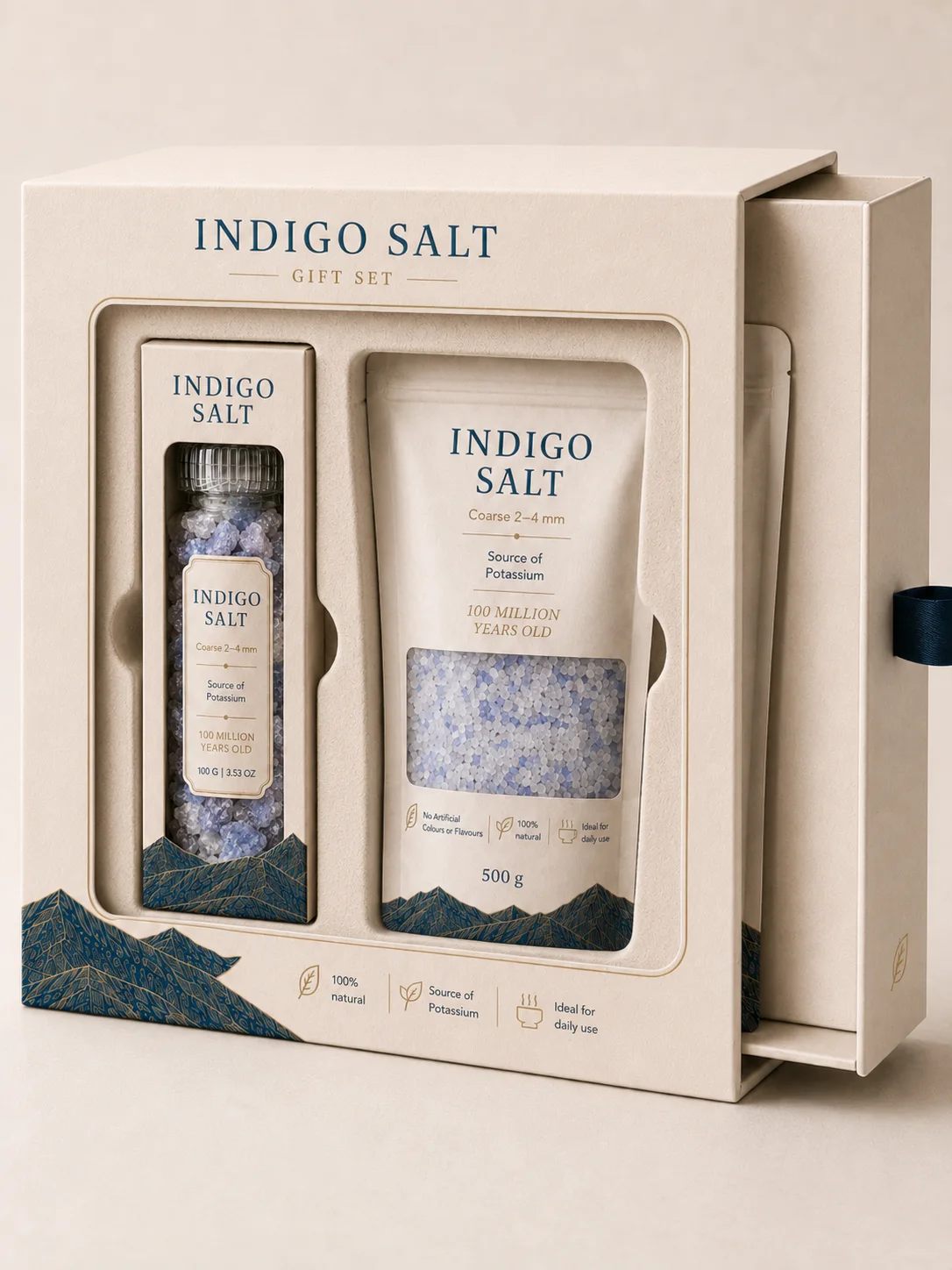Indigo Salt gift set box with grinder and refill pouch