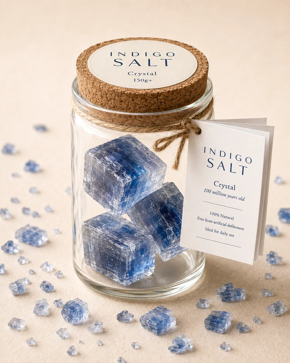 Indigo crystals in a corked jar