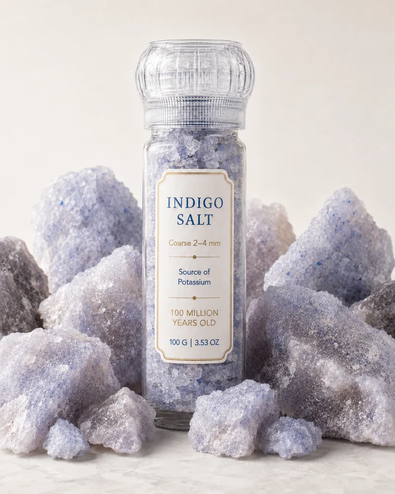 Indigo Salt grinder amongst crystals