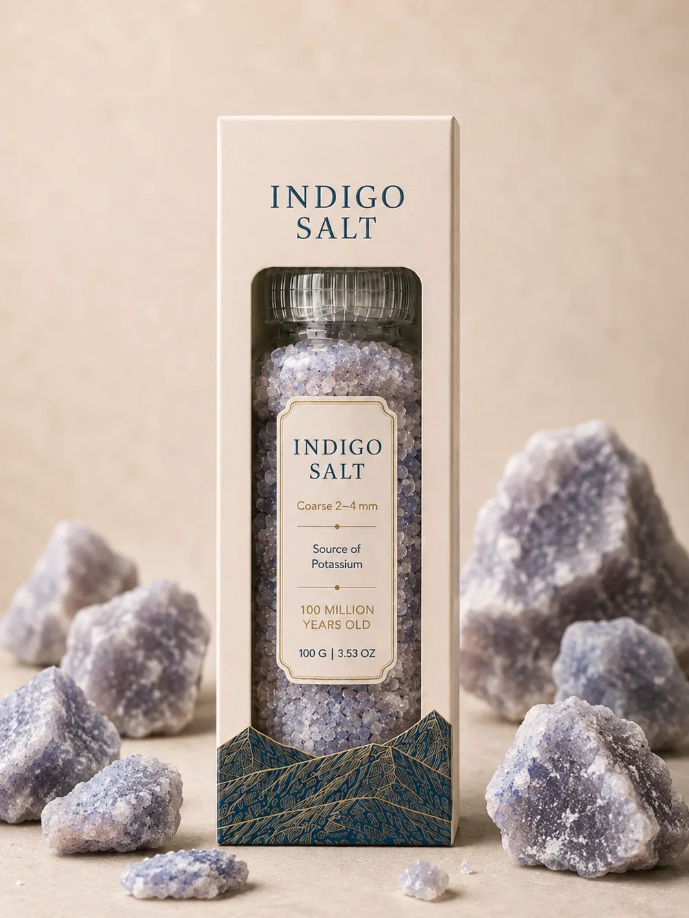Indigo Salt grinder in its packaging