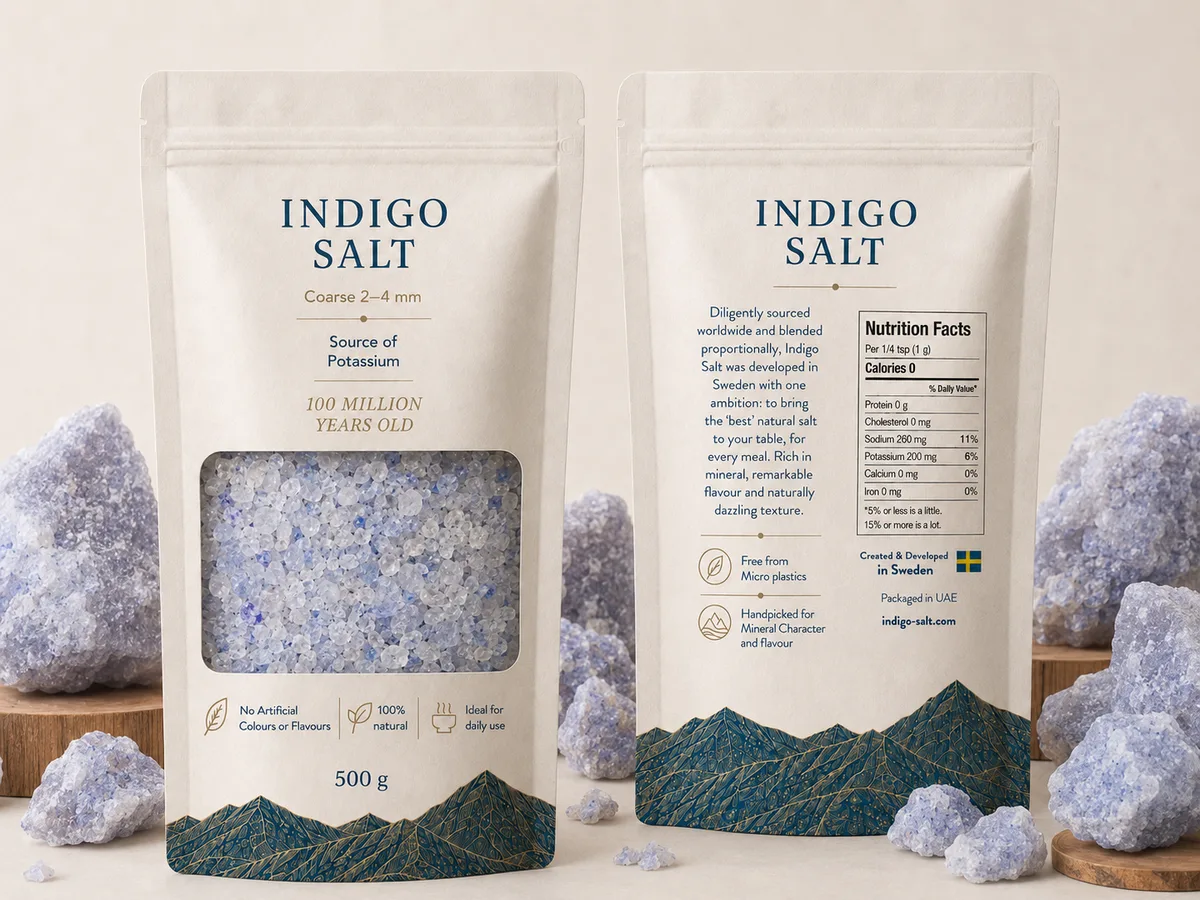 Indigo Salt coarse refill pouch among blue crystals